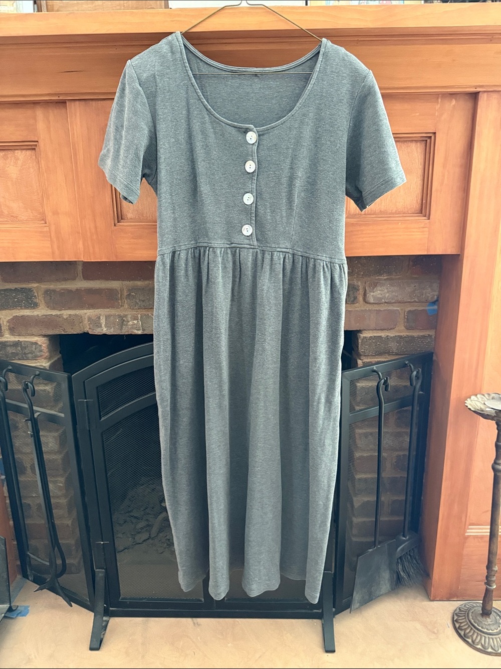 Vintage Gray Knit Casual Scoop Neck Abalone Button Front Midi Dress M Momcore